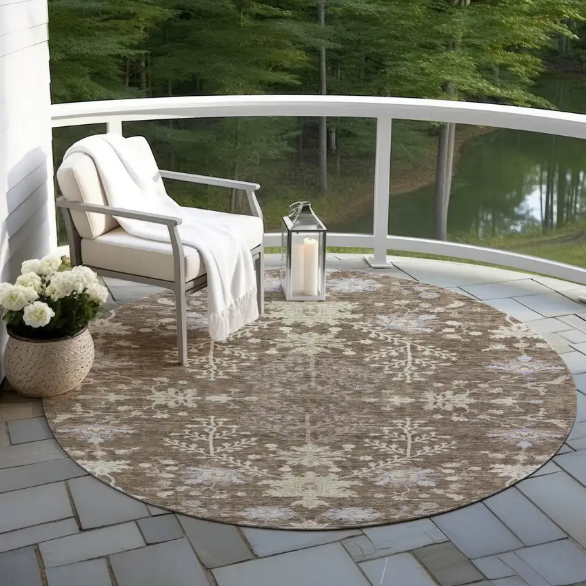 8' Brown Beige And Green Round Floral Washable Indoor Outdoor Area Rug Photo 7