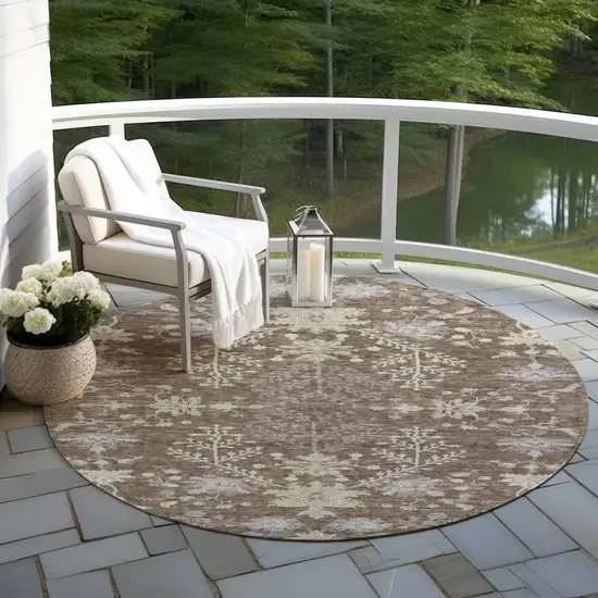 8' Brown Beige And Green Round Floral Washable Indoor Outdoor Area Rug Photo 7