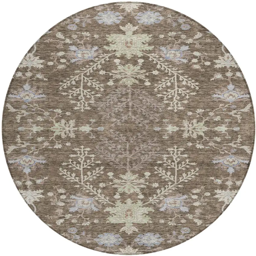 8' Brown Beige And Green Round Floral Washable Indoor Outdoor Area Rug Photo 2