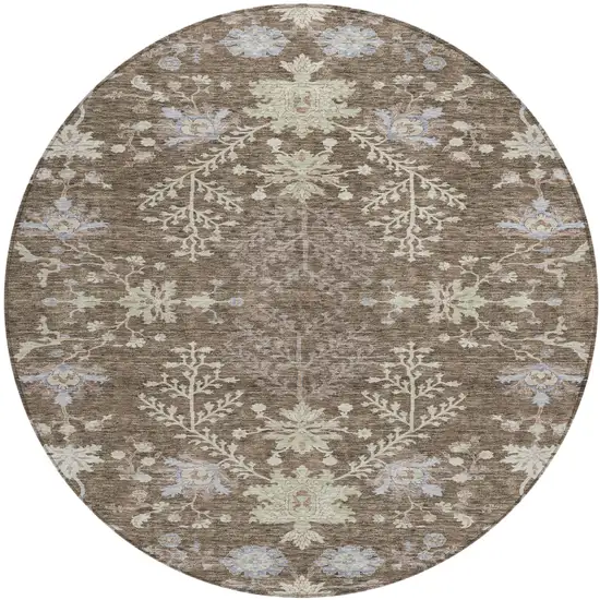 8' Brown Beige And Green Round Floral Washable Indoor Outdoor Area Rug Photo 2