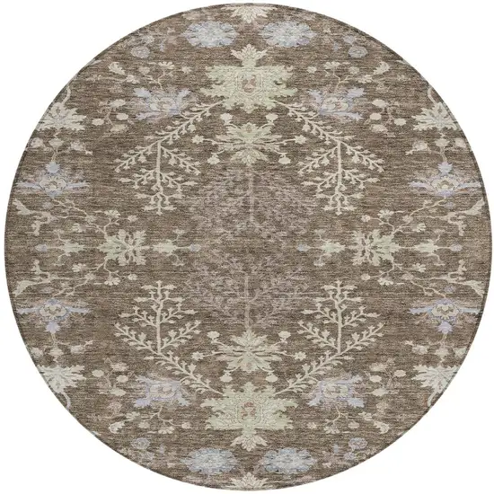 8' Brown Beige And Green Round Floral Washable Indoor Outdoor Area Rug Photo 6
