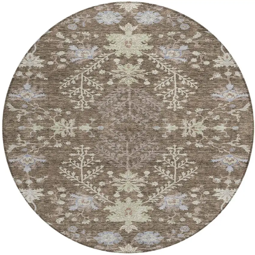 8' Brown Beige And Green Round Floral Washable Indoor Outdoor Area Rug Photo 6