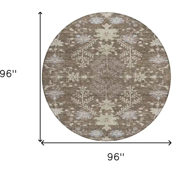 8' Brown Beige And Green Round Floral Washable Indoor Outdoor Area Rug Photo 9