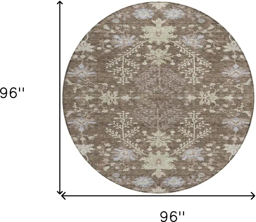 8' Brown Beige And Green Round Floral Washable Indoor Outdoor Area Rug Photo 9