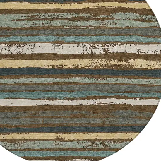 8' Brown Beige And Green Round Striped Washable Indoor Outdoor Area Rug Photo 5