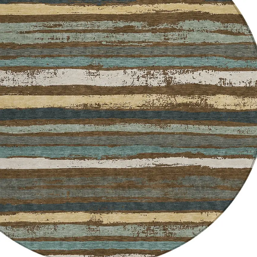 8' Brown Beige And Green Round Striped Washable Indoor Outdoor Area Rug Photo 5