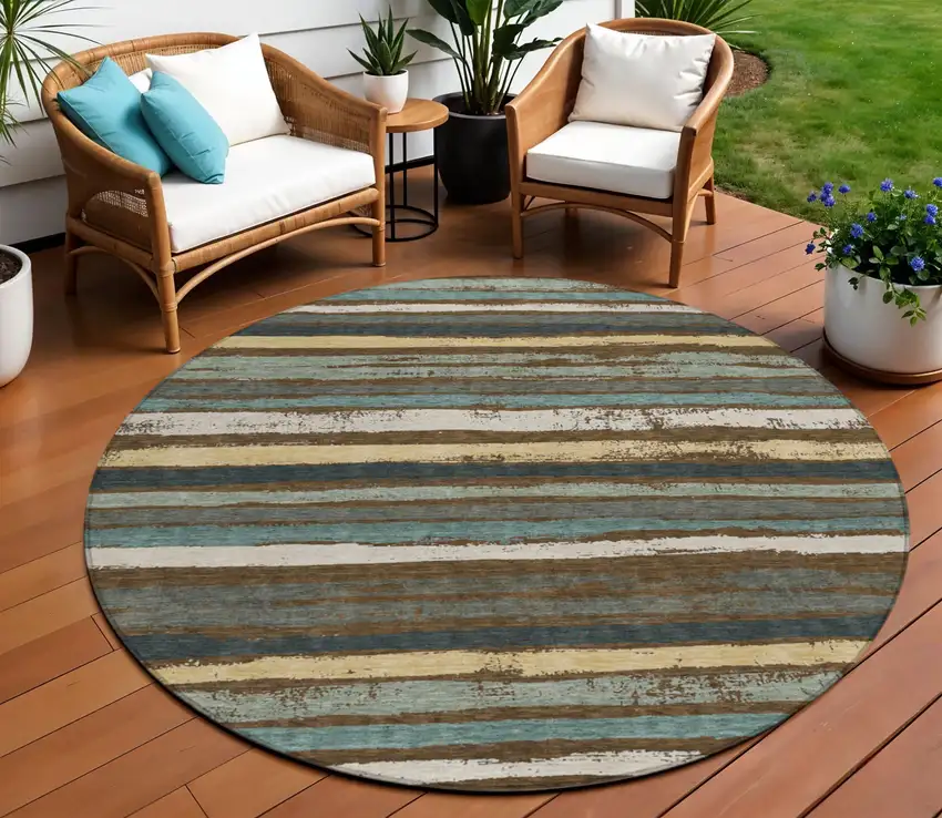 8' Brown Beige And Green Round Striped Washable Indoor Outdoor Area Rug Photo 1