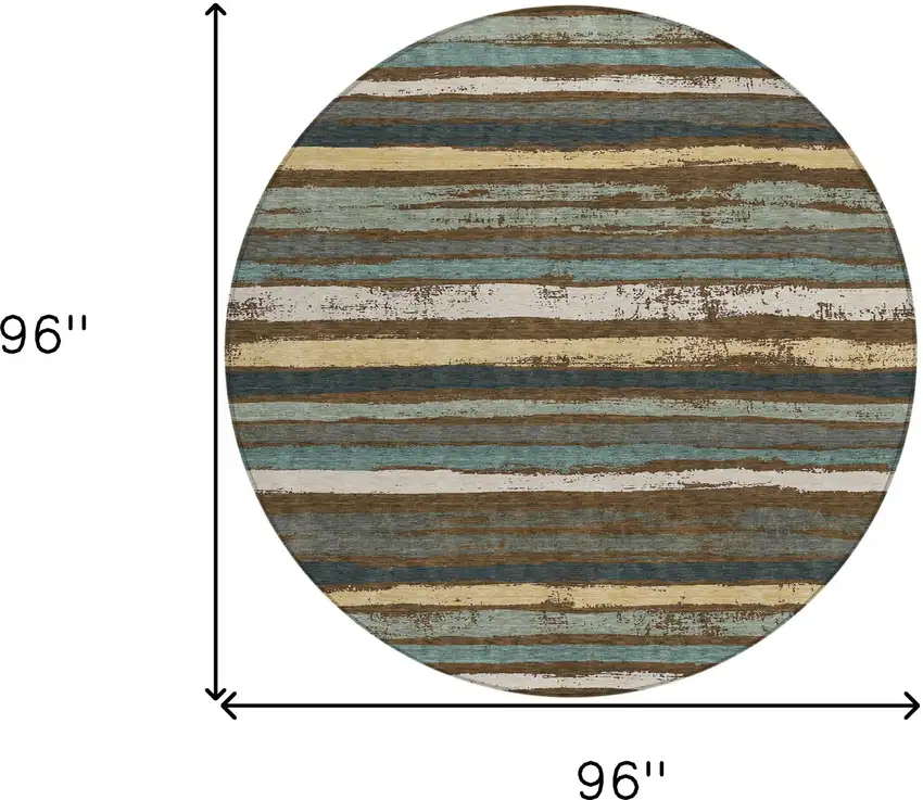 8' Brown Beige And Green Round Striped Washable Indoor Outdoor Area Rug Photo 3