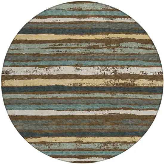 8' Brown Beige And Green Round Striped Washable Indoor Outdoor Area Rug Photo 2
