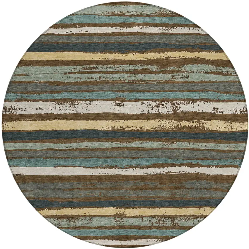 8' Brown Beige And Green Round Striped Washable Indoor Outdoor Area Rug Photo 2