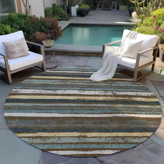 8' Brown Beige And Green Round Striped Washable Indoor Outdoor Area Rug Photo 7