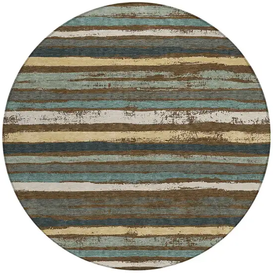 8' Brown Beige And Green Round Striped Washable Indoor Outdoor Area Rug Photo 6
