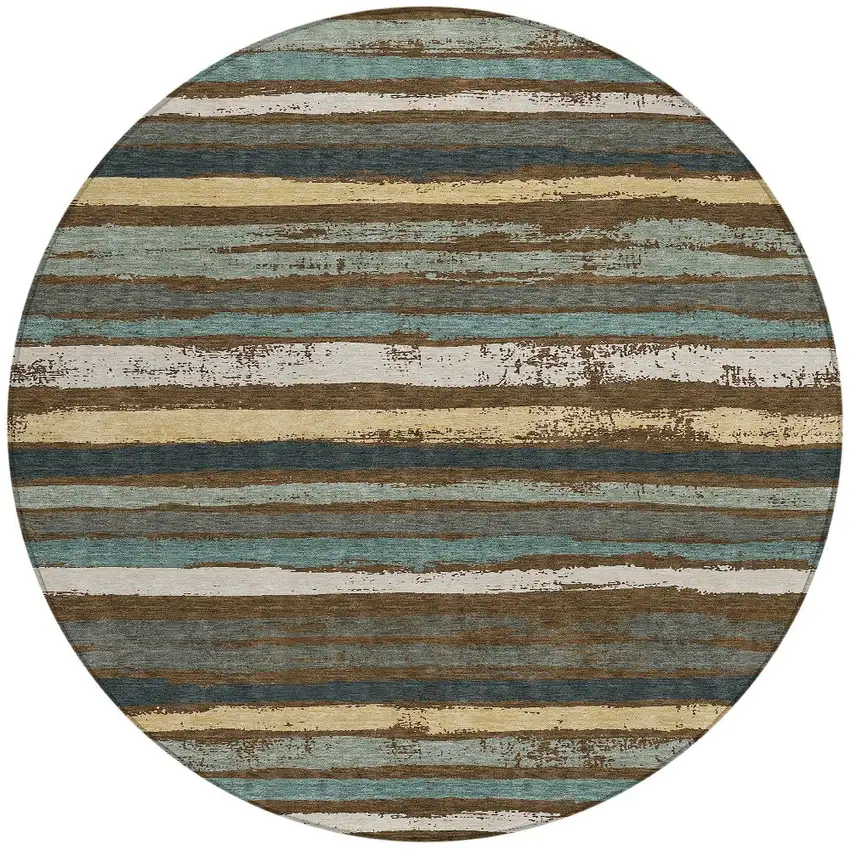 8' Brown Beige And Green Round Striped Washable Indoor Outdoor Area Rug Photo 6