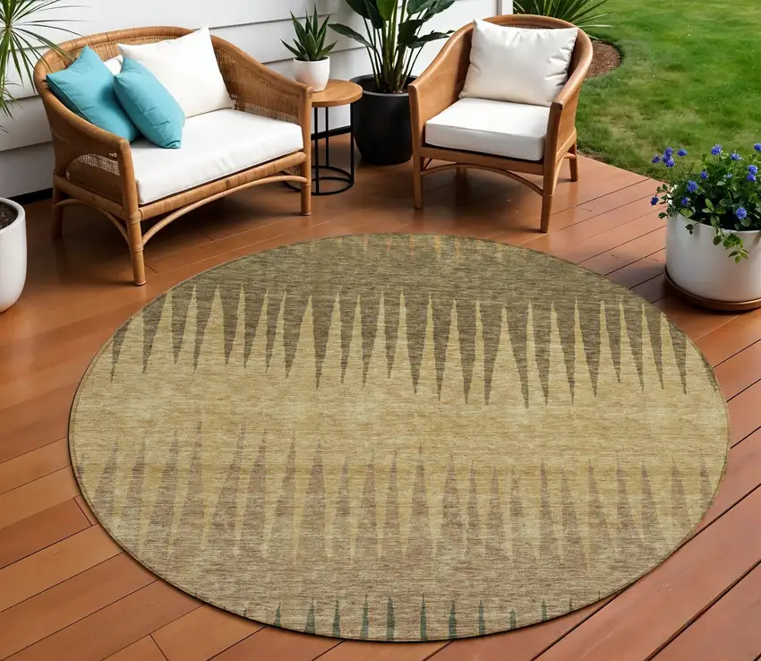 8' Brown Beige And Green Round Striped Washable Indoor Outdoor Area Rug Photo 1