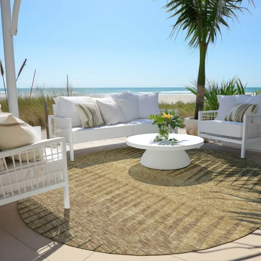 8' Brown Beige And Green Round Striped Washable Indoor Outdoor Area Rug Photo 6