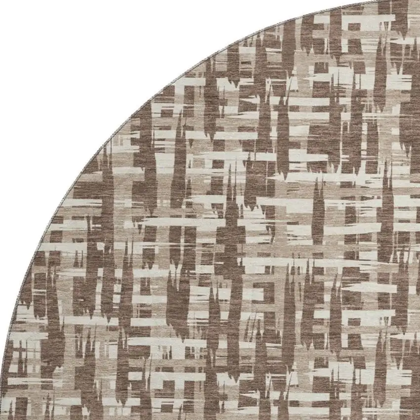 8' Brown Beige And Ivory Abstract Geometric Washable Round Rug With UV Protection Photo 2
