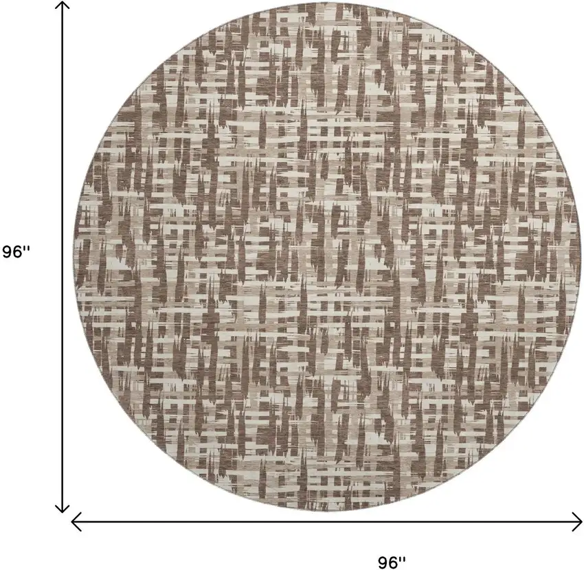 8' Brown Beige And Ivory Abstract Geometric Washable Round Rug With UV Protection Photo 9