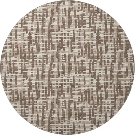 8' Brown Beige And Ivory Abstract Geometric Washable Round Rug With UV Protection Photo 3