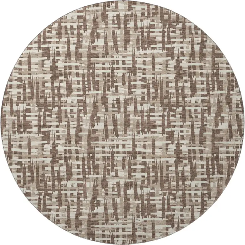8' Brown Beige And Ivory Abstract Geometric Washable Round Rug With UV Protection Photo 3
