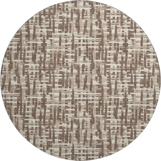 8' Brown Beige And Ivory Abstract Geometric Washable Round Rug With UV Protection Photo 1
