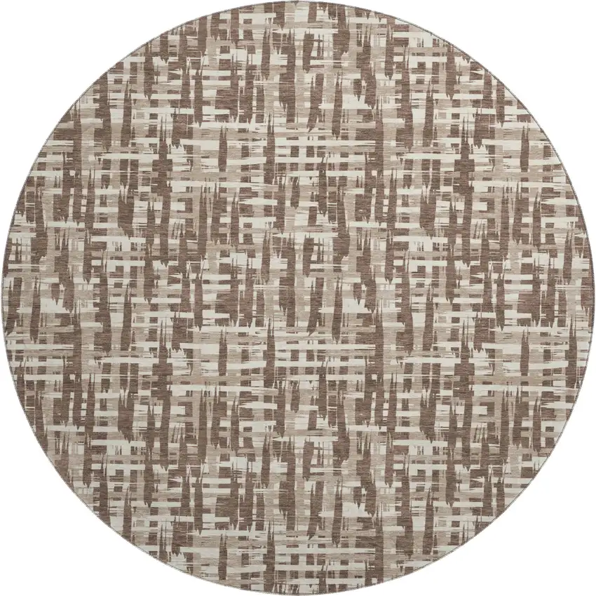 8' Brown Beige And Ivory Abstract Geometric Washable Round Rug With UV Protection Photo 1