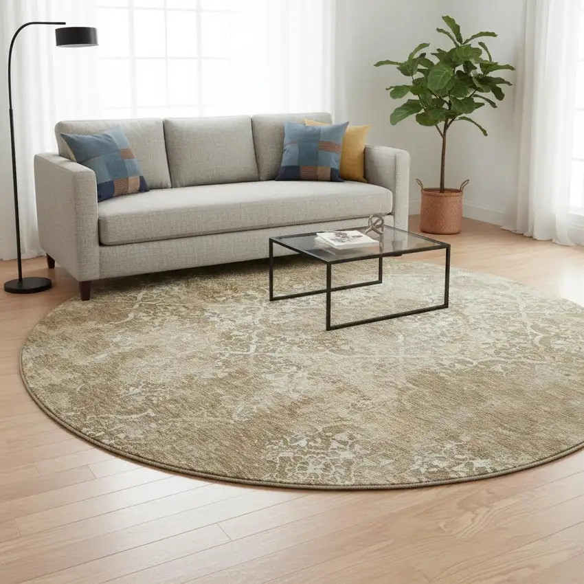 8' Brown Beige And Ivory Abstract Washable Round Rug With UV Protection Photo 2