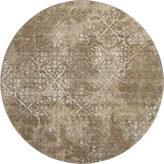 8' Brown Beige And Ivory Abstract Washable Round Rug With UV Protection Photo 1