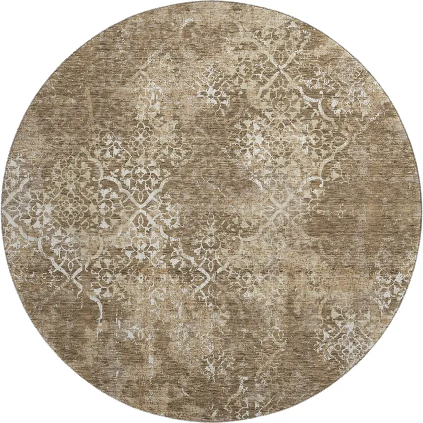 8' Brown Beige And Ivory Abstract Washable Round Rug With UV Protection Photo 1