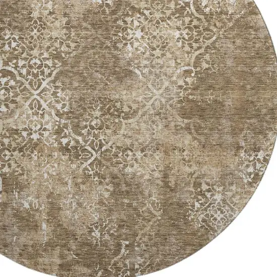 8' Brown Beige And Ivory Abstract Washable Round Rug With UV Protection Photo 3
