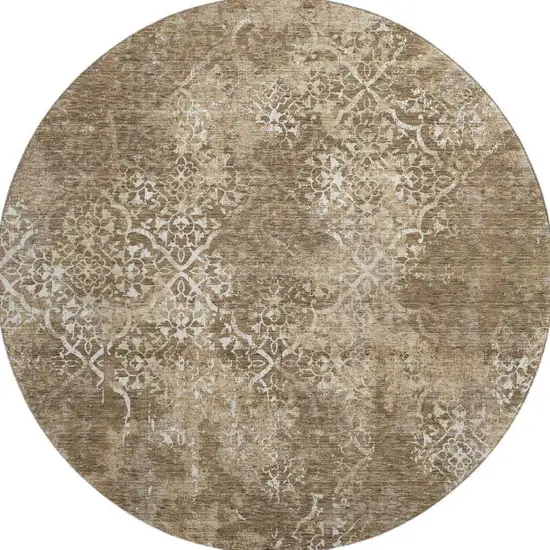 8' Brown Beige And Ivory Abstract Washable Round Rug With UV Protection Photo 4