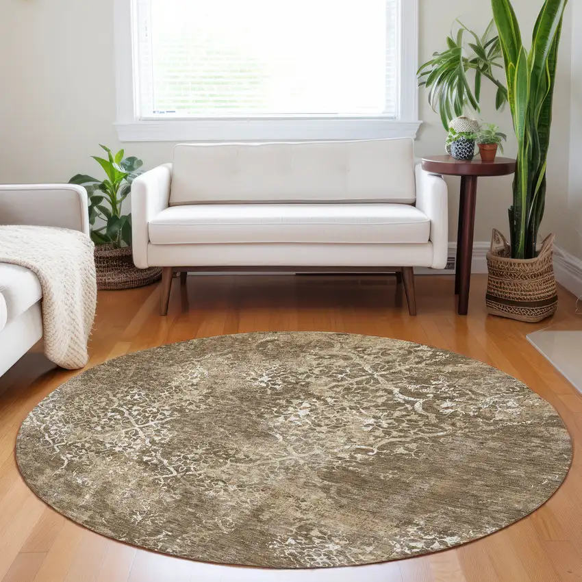 8' Brown Beige And Ivory Abstract Washable Round Rug With UV Protection Photo 5