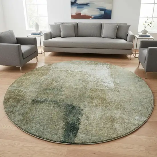 8' Brown Beige And Ivory Abstract Washable Round Rug With UV Protection Photo 2