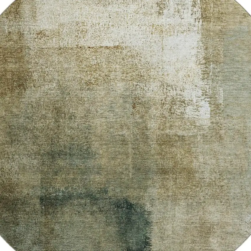 8' Brown Beige And Ivory Abstract Washable Round Rug With UV Protection Photo 3