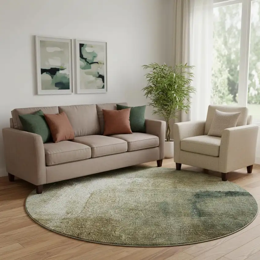 8' Brown Beige And Ivory Abstract Washable Round Rug With UV Protection Photo 1