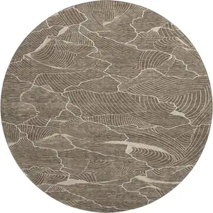 Photo of 8' Brown Beige And Ivory Abstract Washable Round Rug With UV Protection