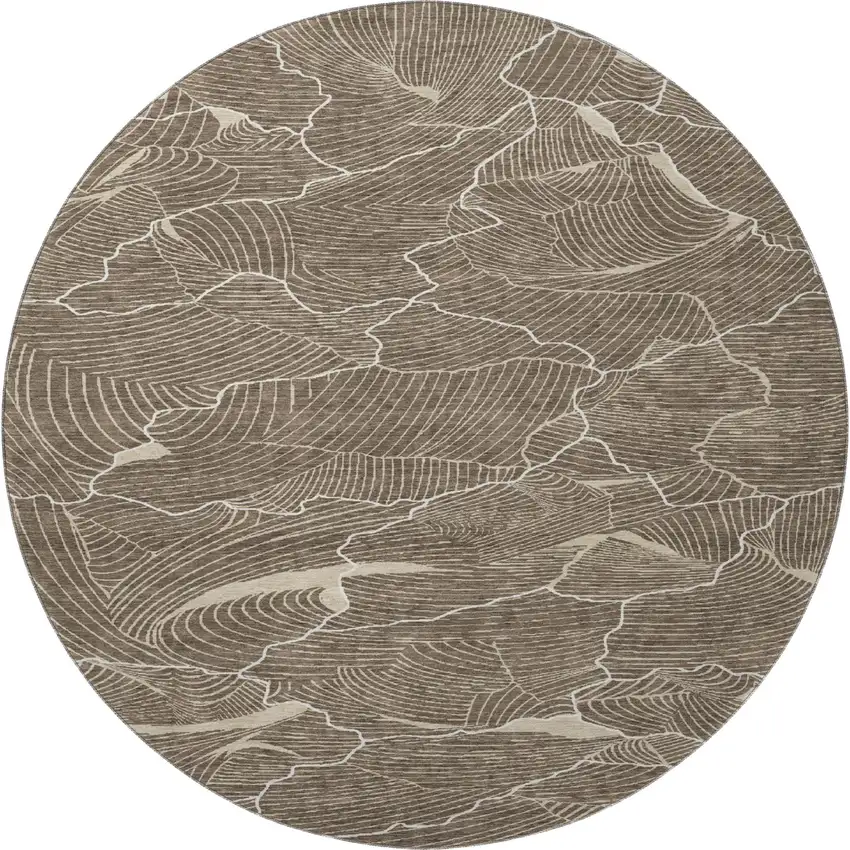 8' Brown Beige And Ivory Abstract Washable Round Rug With UV Protection Photo 3