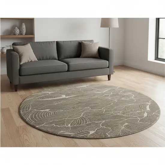 8' Brown Beige And Ivory Abstract Washable Round Rug With UV Protection Photo 2