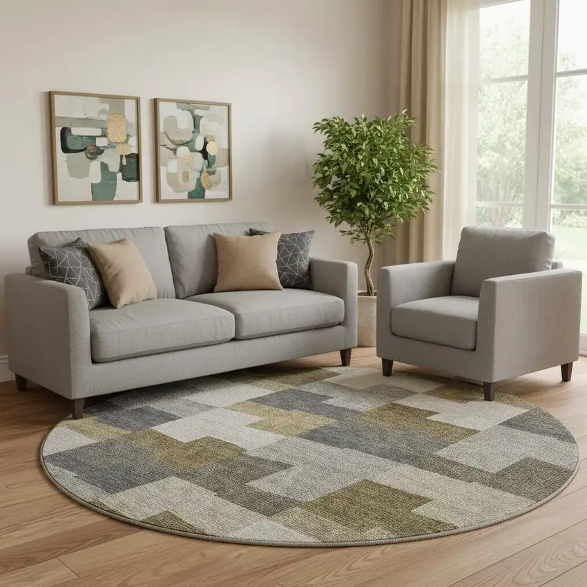 8' Brown Beige And Ivory Geometric Washable Round Rug With UV Protection Photo 1