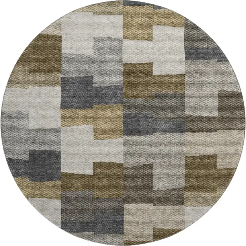 8' Brown Beige And Ivory Geometric Washable Round Rug With UV Protection Photo 1