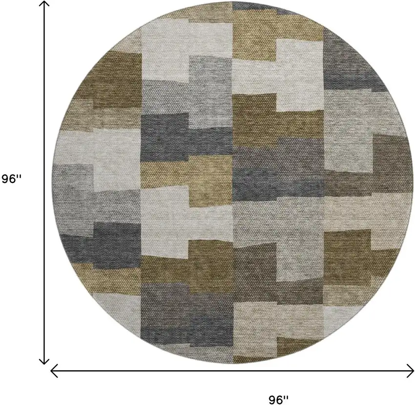 8' Brown Beige And Ivory Geometric Washable Round Rug With UV Protection Photo 9