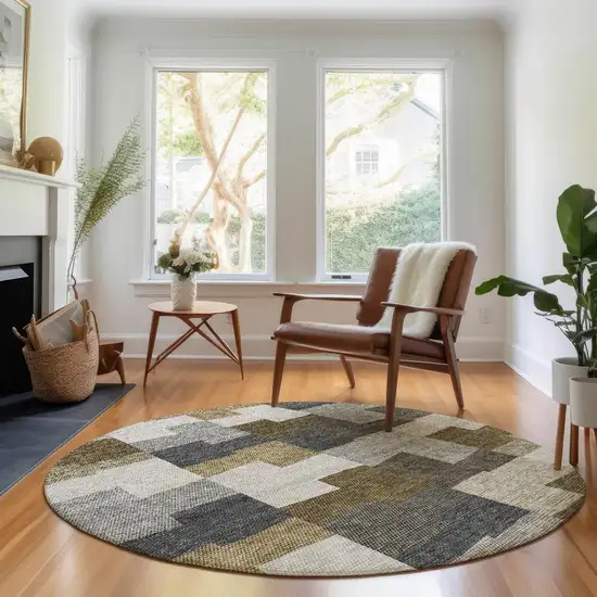 8' Brown Beige And Ivory Geometric Washable Round Rug With UV Protection Photo 4