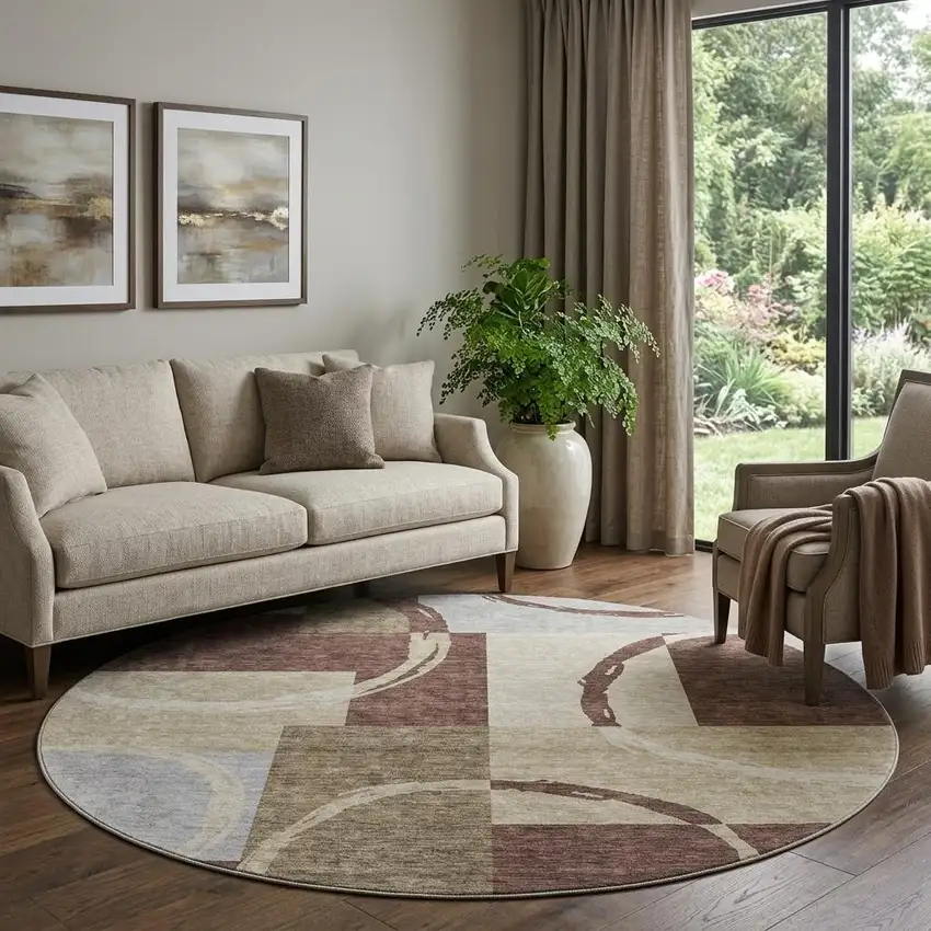 8' Brown Beige And Ivory Geometric Washable Round Rug With UV Protection Photo 1