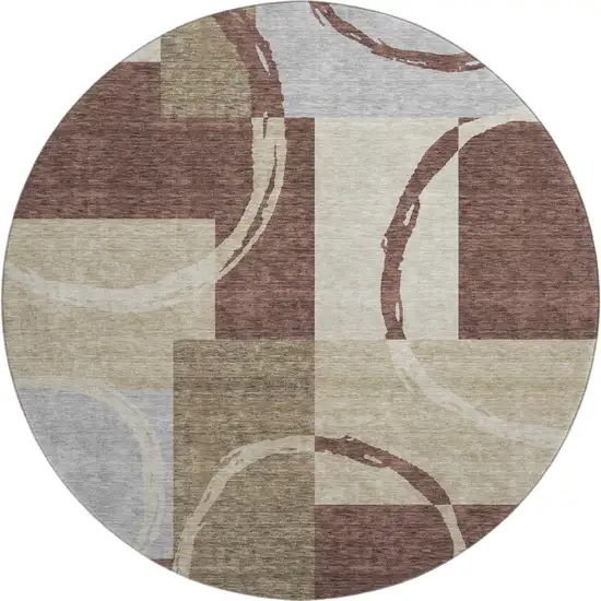 8' Brown Beige And Ivory Geometric Washable Round Rug With UV Protection Photo 1
