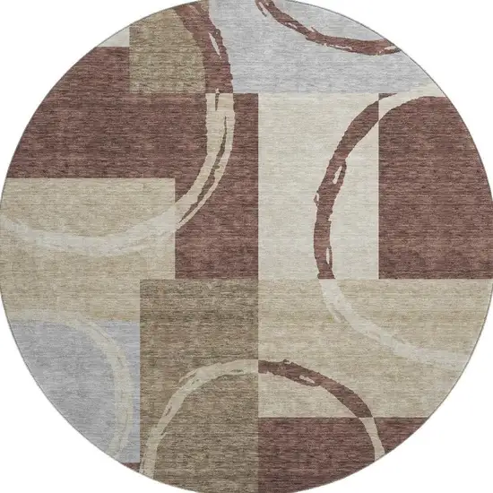 8' Brown Beige And Ivory Geometric Washable Round Rug With UV Protection Photo 3