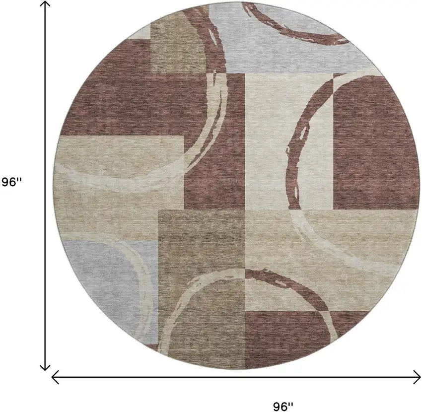 8' Brown Beige And Ivory Geometric Washable Round Rug With UV Protection Photo 9