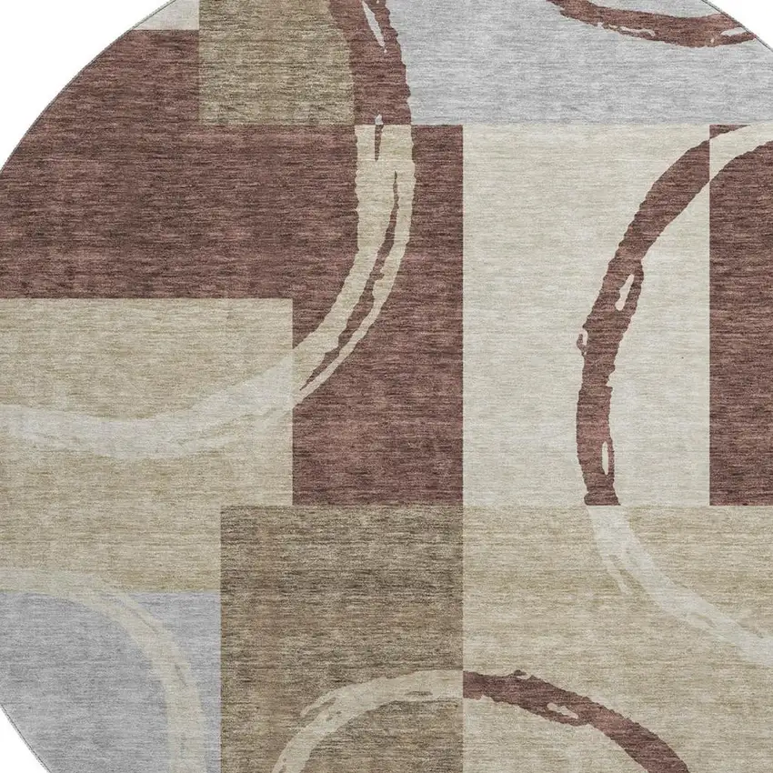 8' Brown Beige And Ivory Geometric Washable Round Rug With UV Protection Photo 2