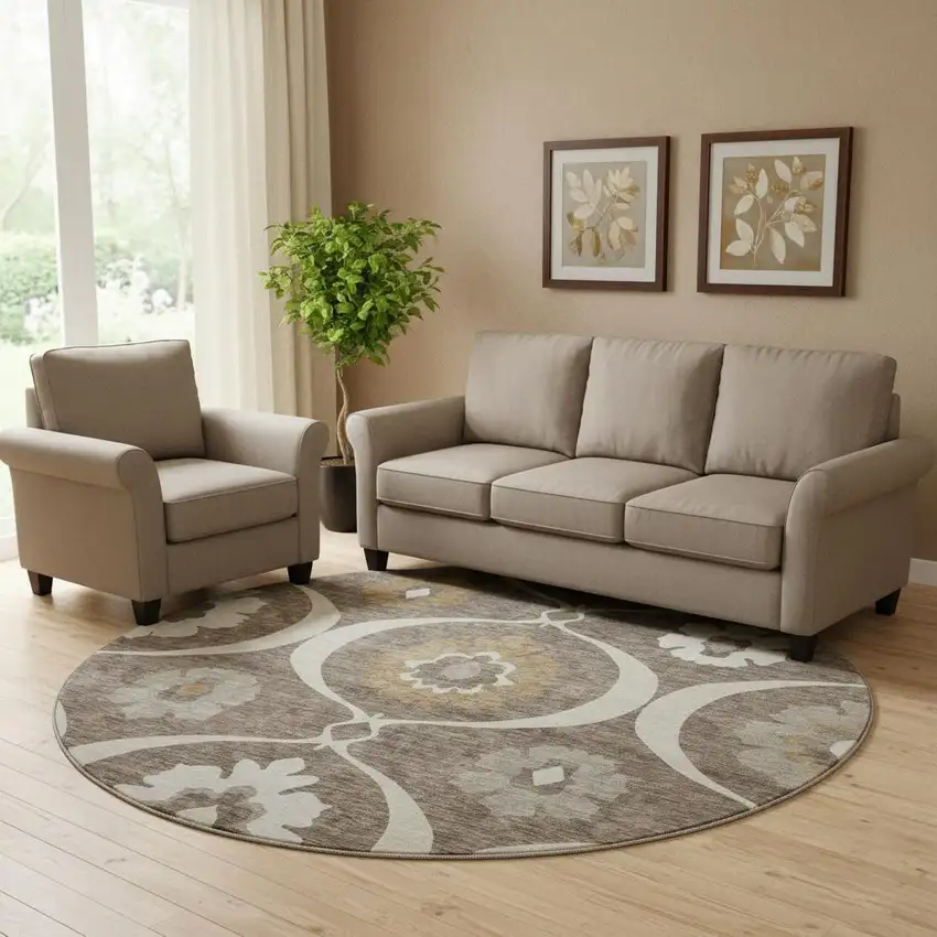 8' Brown Beige And Ivory Medallion Washable Round Rug With UV Protection Photo 1