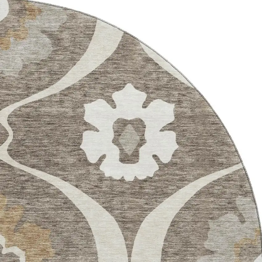 8' Brown Beige And Ivory Medallion Washable Round Rug With UV Protection Photo 4