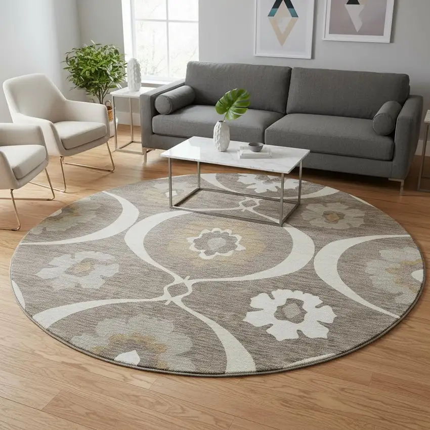 8' Brown Beige And Ivory Medallion Washable Round Rug With UV Protection Photo 2