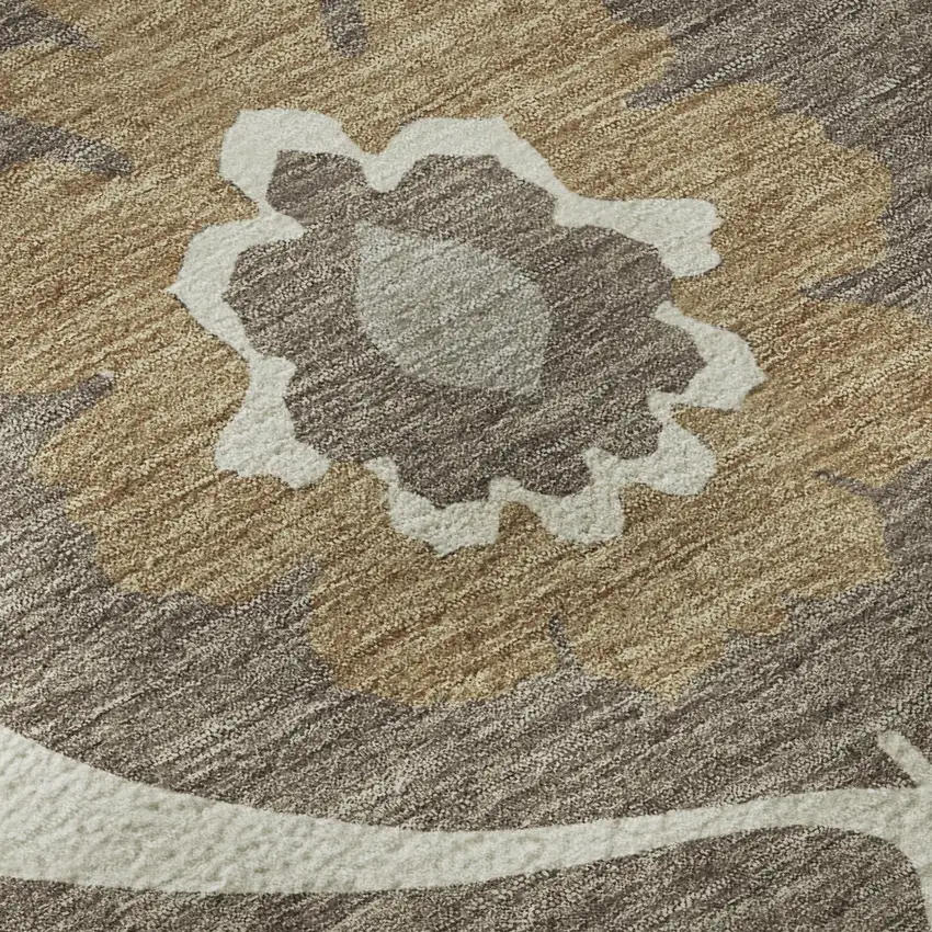 8' Brown Beige And Ivory Medallion Washable Round Rug With UV Protection Photo 9